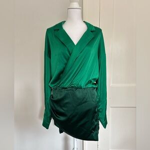 Vibrant emerald green satin wrap dress by Shein